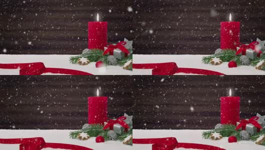 无缝循环的美丽的雪花在圣诞装饰安排在一个雪白的桌子前面的木制背景高清在线视频素材下载