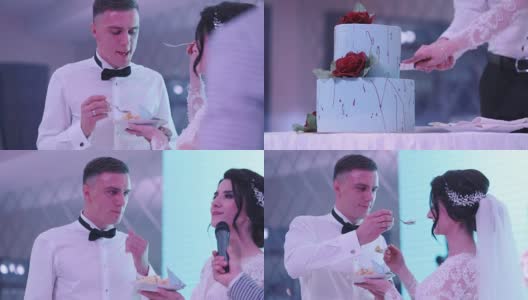 Bride and groom cut wedding cake高清在线视频素材下载