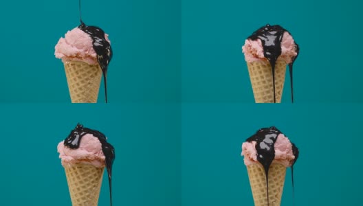 旋转草莓冰淇淋在蛋筒与巧克力酱高清在线视频素材下载