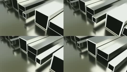 轧制金属工业背景，3d渲染的金属板，形状管与发光高清在线视频素材下载
