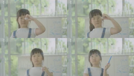 小亚洲学生女孩在透明的玻璃白板上写“科学”。人具有教育和科学的观念。高清在线视频素材下载