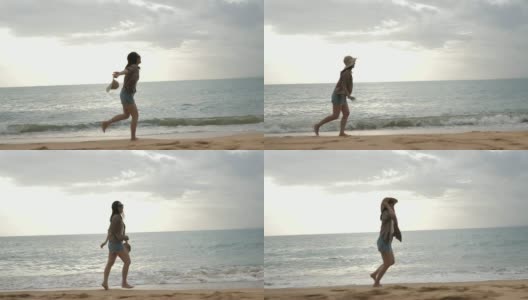 快乐的女人在海滩上奔跑高清在线视频素材下载