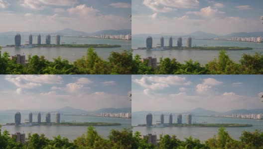 三亚市湾阳光日著名的公园，山顶酒店度假岛全景4k时间，中国海南高清在线视频素材下载