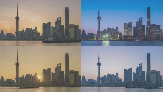 晨光下，黄浦江上上海地标的无人机拍摄场景高清在线视频素材下载