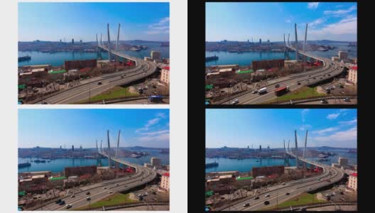 背景是横跨金角港和清晨海参崴的金桥(斜拉桥，2012年建造)。俄罗斯。高清在线视频素材下载