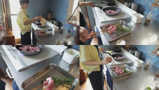 妇女烹饪猪肉在IH烹饪加热器高清在线视频素材下载