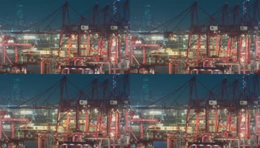4K延时:集装箱货船在码头商埠，工作吊车桥在夜间卸货集装箱，用于商业物流，进出口，运输或运输高清在线视频素材下载