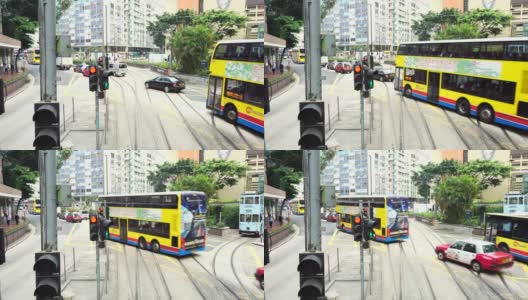 红灯、小巴过往、港岛电车高清在线视频素材下载
