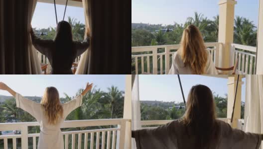 慢镜头:清晨，年轻女子拉开窗帘，走出酒店房间，走到阳台上。在豪华度假村度假的女人在早上打开窗帘，花园的景色高清在线视频素材下载