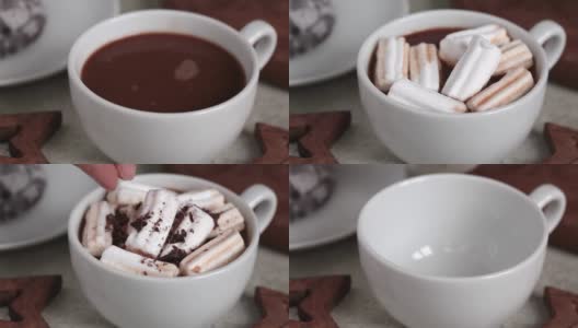 圣诞节或新年的节日背景。用棉花糖煮热巧克力或可可高清在线视频素材下载