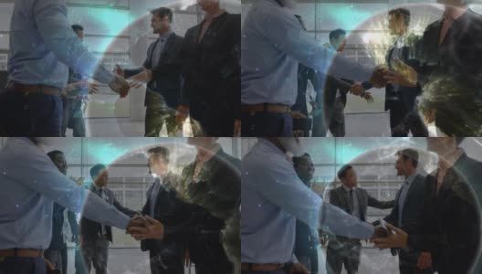 全球网络连接的动画，不同的商业人士在办公室握手高清在线视频素材下载