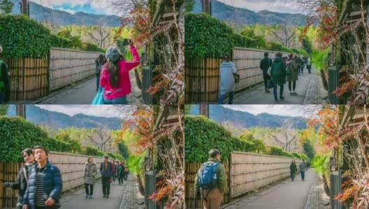 在日本京都的岚山竹林里，一群游客在散步高清在线视频素材下载