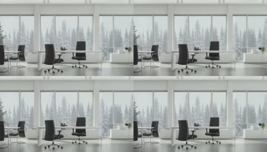 从商业办公室的窗户看冬天下雪的背景针叶树和多云的天空。背景板，色键视频背景。高清在线视频素材下载