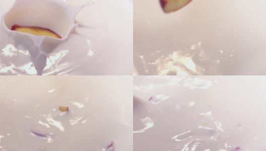 两段桃子落入酸奶的视频——非常慢的动作高清在线视频素材下载
