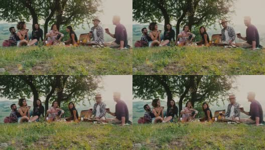 日落时分，朋友们在乡间一起野餐高清在线视频素材下载