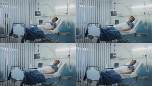 男病人躺在医院私人病房的病床上。白色,干净的环境。高清在线视频素材下载