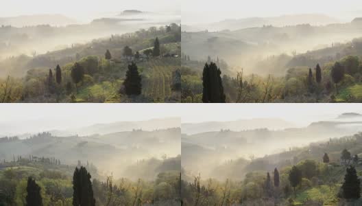 意大利托斯卡纳圣吉米尼亚诺墙上雾蒙蒙的清晨全景图高清在线视频素材下载