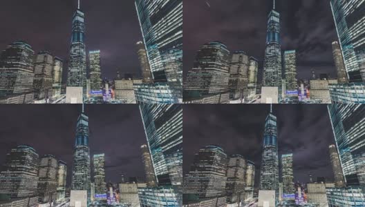 T/L LA PAN照亮的摩天大楼(世界贸易中心一号)在曼哈顿晚上/纽约高清在线视频素材下载