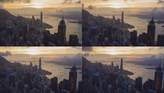 黄昏时分，维多利亚港中区及香港海滨的航拍照片高清在线视频素材下载