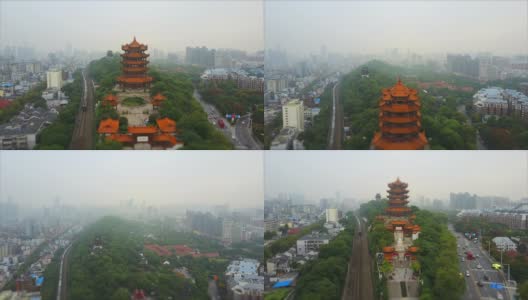 白天武汉城市景观黄鹤寺交通道路空中全景4k倾斜转移中国高清在线视频素材下载