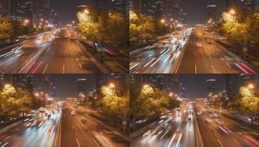 Hyperlapse。中国北京城市立交桥夜间交通流量高清在线视频素材下载