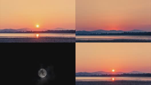 海滩夏季的日落和月亮高清在线视频素材下载
