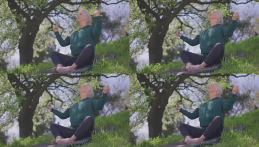 宽镜头的快乐微笑的退休人员坐在荷花的姿势在夏天的一天在绿色春天公园。平静自信的高加索瑜伽修行者在户外练习的肖像。宁静与运动概念高清在线视频素材下载