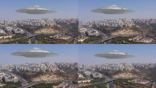 大型不明飞行物飞碟在耶路撒冷城市上空-鸟瞰图高清在线视频素材下载