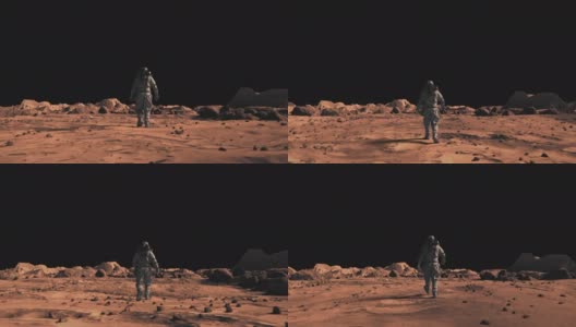 下面的照片是勇敢的宇航员穿着太空服自信地行走在火星表面。火星表面，散布着小岩石和红色沙子。橘红色的火星景观，火星表面，沙漠，悬崖，沙子。高清在线视频素材下载