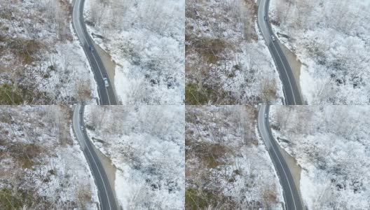 白雪皑皑的森林中，繁忙的高速公路高清在线视频素材下载