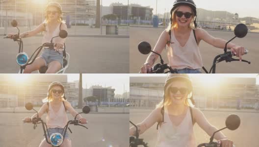 女游客用电动自行车在城里四处游览高清在线视频素材下载