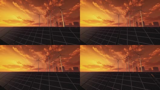 太阳能电池板的3D动画在大型风力涡轮机的背景。风车。清洁能源、绿色能源、可再生能源的概念。替代能源的概念。高清在线视频素材下载