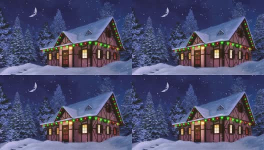 在下雪的冬夜为圣诞节装饰的舒适的乡村房子高清在线视频素材下载