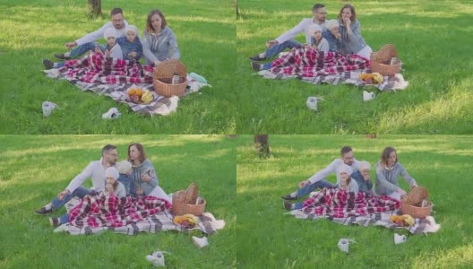 兴高采烈的一家人坐在公园的草地上野餐，都在吃早饭。有一个盛饭的篮子。新鲜的水果高清在线视频素材下载