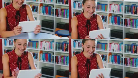 女学生在图书馆使用数字平板电脑高清在线视频素材下载