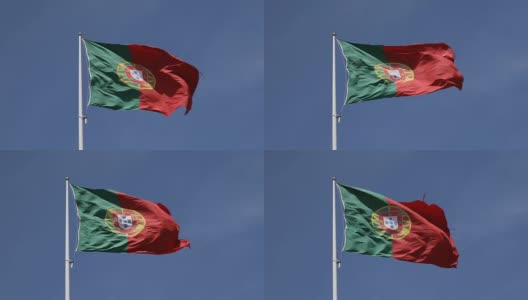 蓝色天空中飘扬的葡萄牙国旗高清在线视频素材下载