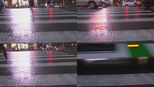 雨夜上海市区交通街道人行横道沥青全景4k中国高清在线视频素材下载