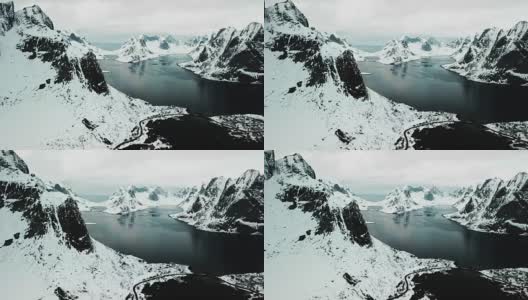以山脉为背景的挪威莱纳的鸟瞰图高清在线视频素材下载