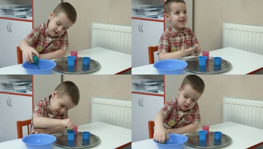小男孩在研究水的性质高清在线视频素材下载