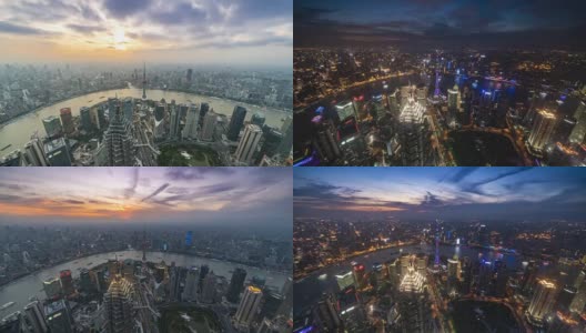 (白天到晚上)4K时间推移的上海城市天际线和城市景观高清在线视频素材下载
