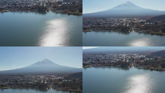 清晨鸟瞰富士山和川口湖高清在线视频素材下载