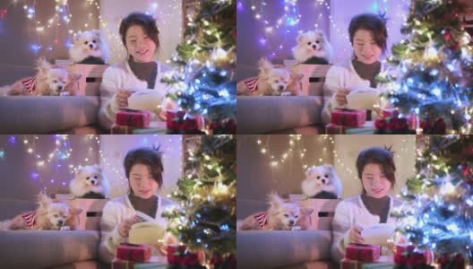 快乐圣诞节与亚洲女性休闲毛衣坐放松阅读小说书与小哈巴狗坐在一起与蛤和快乐的圣诞节日理念概念高清在线视频素材下载