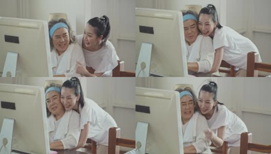 快乐的女人和母亲在视频中使用电脑在家里打电话高清在线视频素材下载