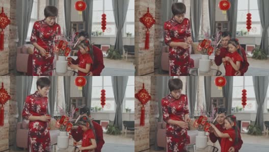 中国家庭为农历新年装饰树枝高清在线视频素材下载