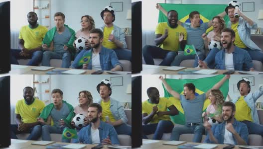 快乐的巴西朋友在家里看比赛庆祝足球队的进球高清在线视频素材下载