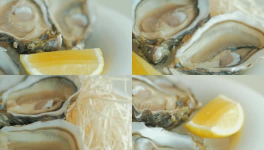 冰块旋转盘上的柠檬牡蛎特写高清在线视频素材下载