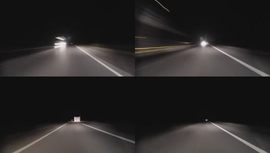 POV时间推移，快速的汽车在晚上行驶在古老的乡村道路上。迎面而来的卡车。在高速公路上行驶在古老的道路上。摄像机被放置在汽车外面，水平是水平的，给人一种穿越无尽系列的幻觉高清在线视频素材下载