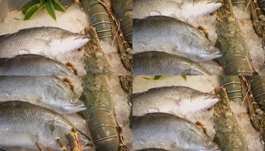 豪华海鲜餐厅的活菜单上，银色的冰鲜鱼躺在冰上高清在线视频素材下载