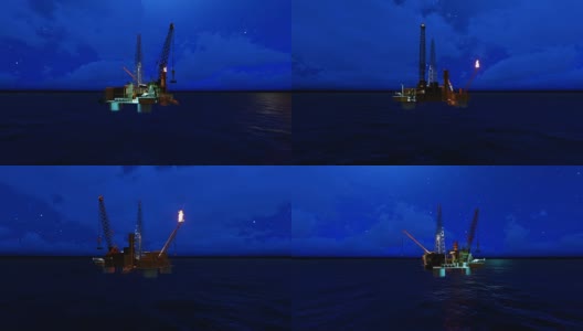 海上钻井油夜间全景拍摄高清在线视频素材下载