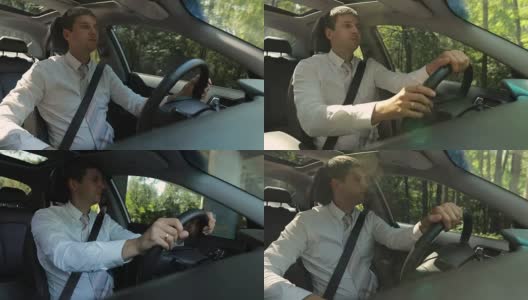 英俊严肃的男人在乡村道路上驾驶汽车高清在线视频素材下载
